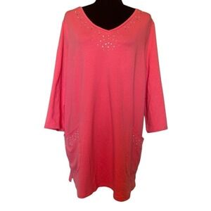 NWOT Quacker Factory Coral Pink with Rhinestones V Neckline Blouse Size XL